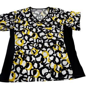 Scrubtime 710 Womens 3X Scrub Top Black Yellow Geometric Link V-Neck Pockets